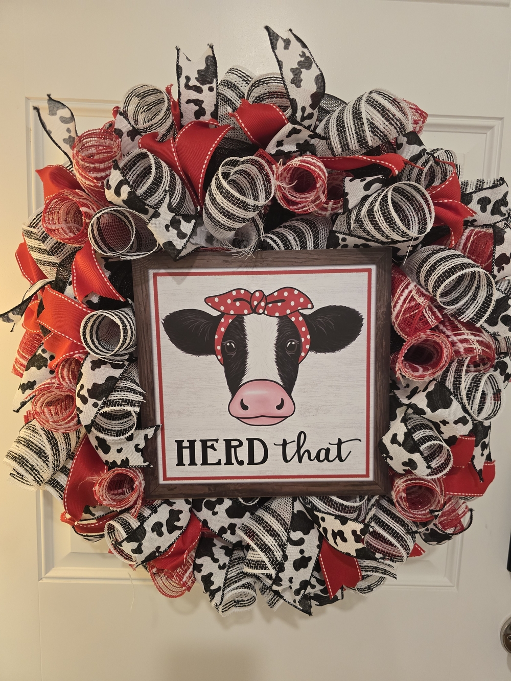 Farmhouse 'HERD That' Cow Wreath in Black, White & Red